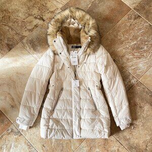 Zara Puffer Jacket Coat Faux Fur Detachable Hood White XS 3427/702